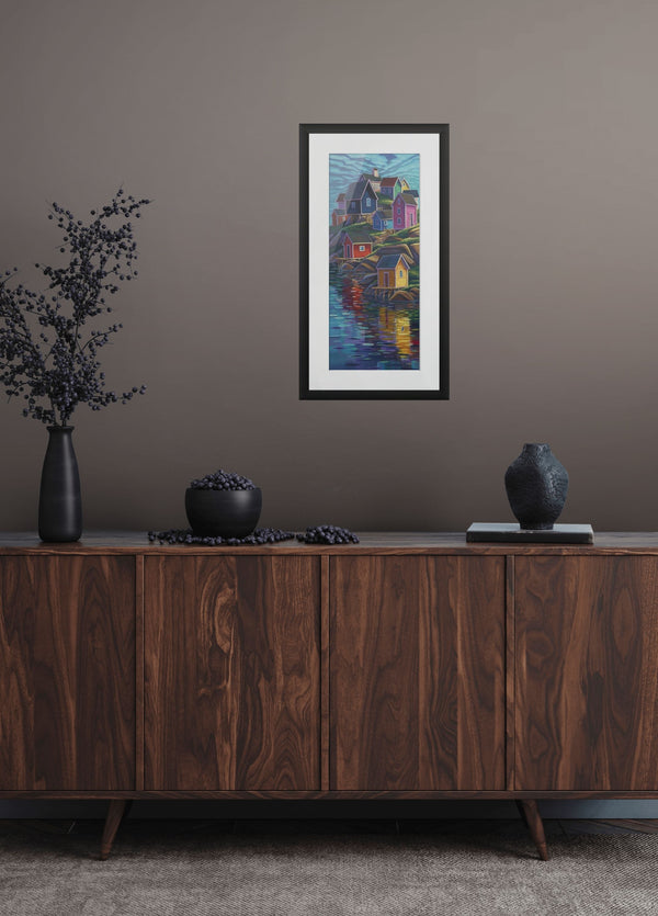 Colours of Home by Adam Young framed above a walnut sideboard in a taupe living room