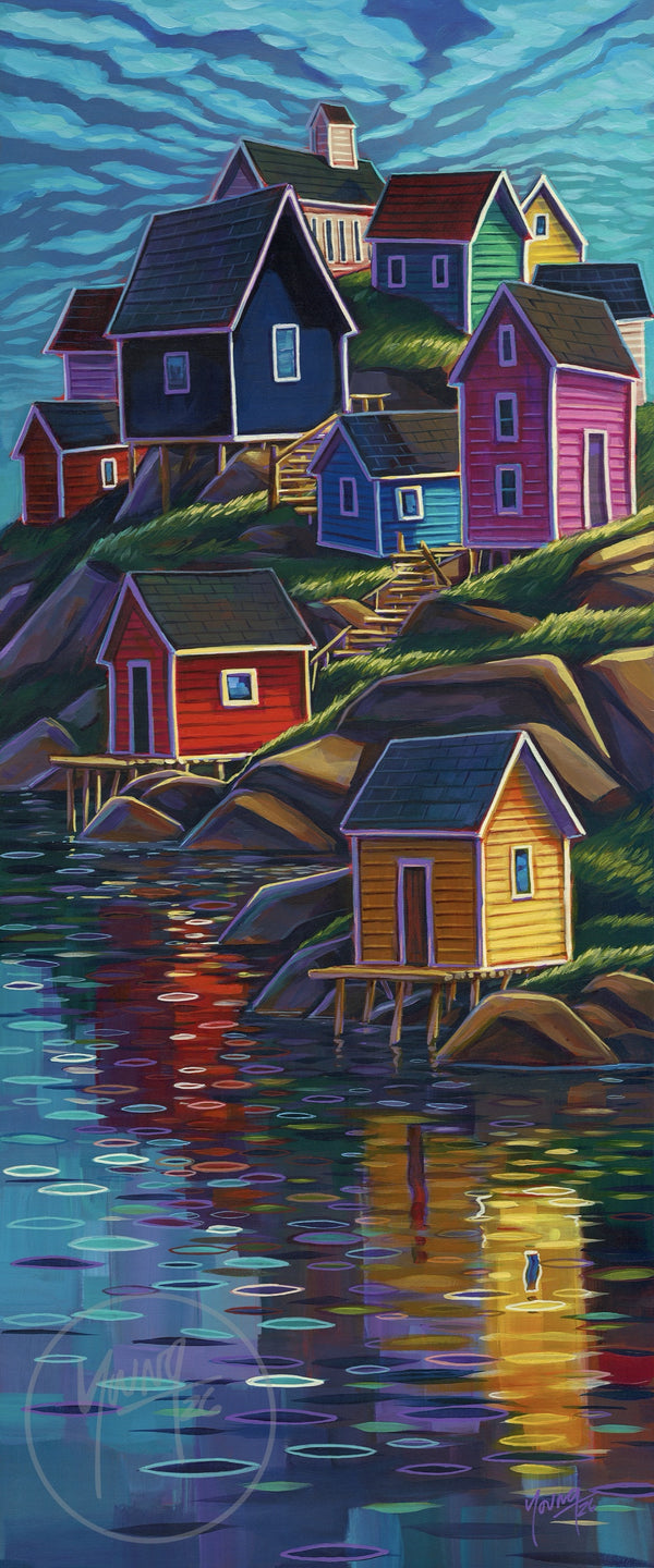 Colours of Home by Adam Young — colourful saltbox homes and fishing stages on a rocky hillside above a harbour reflecting red and gold light
