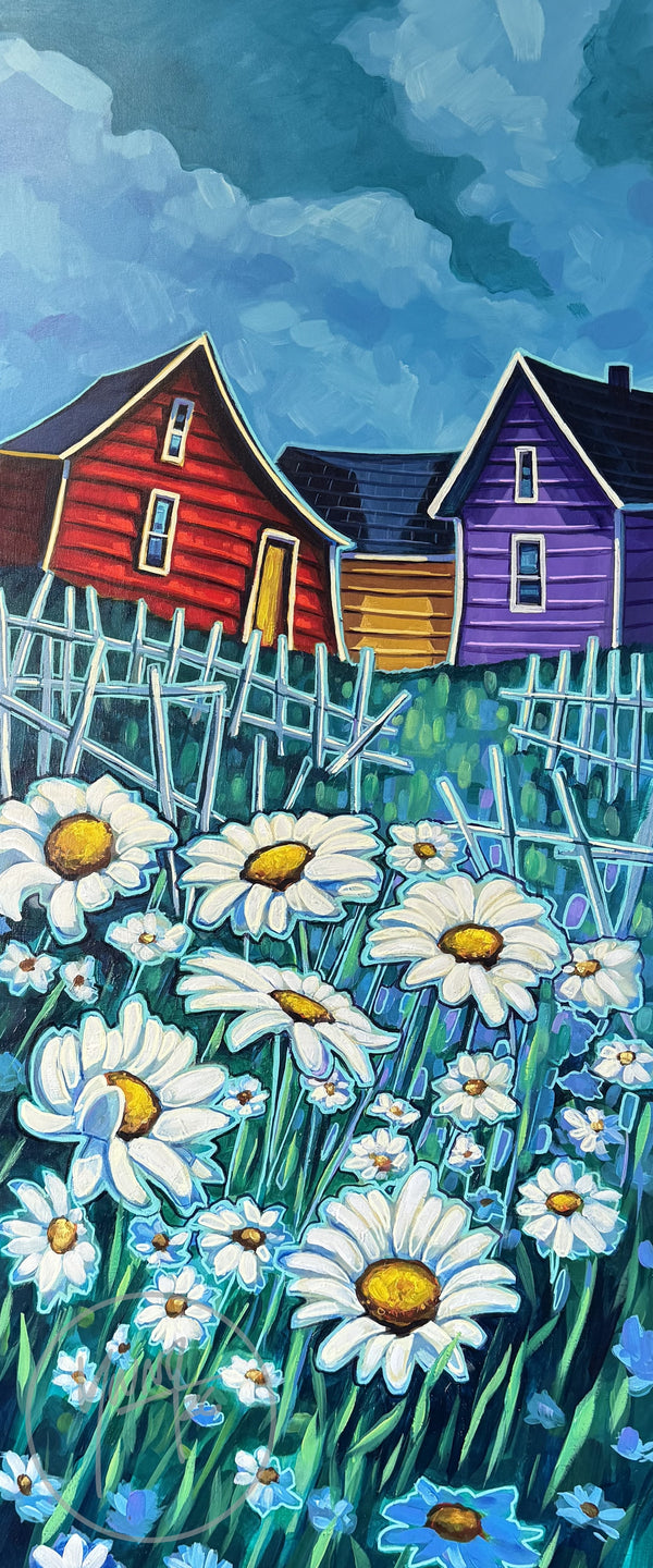 Daisies by Adam Young, original acrylic painting, 20 by 48 inches, white daisies and blue blossoms before a picket fence and red, blue and purple saltbox homes