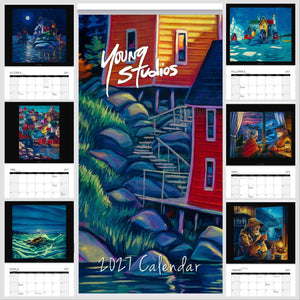 2021 calendar with artwork of a red house and surrounding scenes.