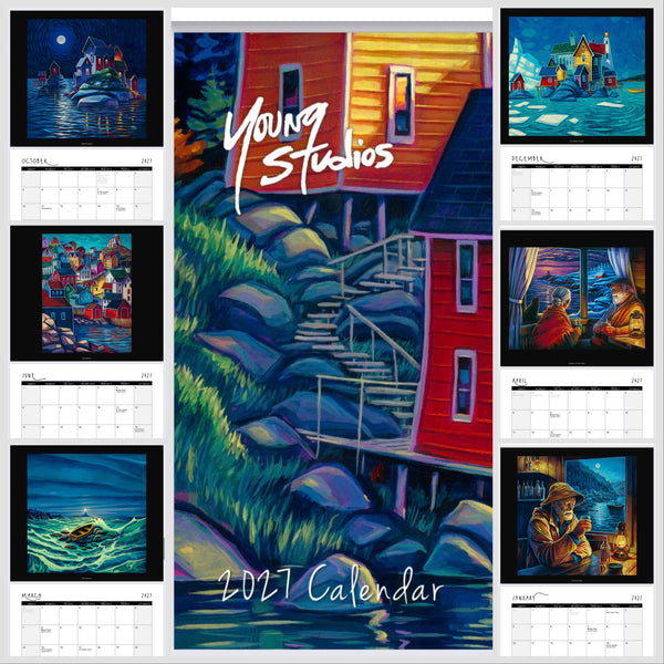 2021 calendar with artwork of a red house and surrounding scenes.