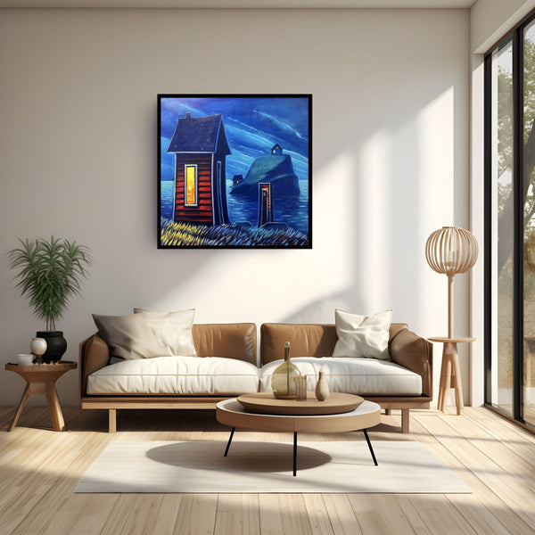 Little Outhouse by Adam Young hung in a bright living room