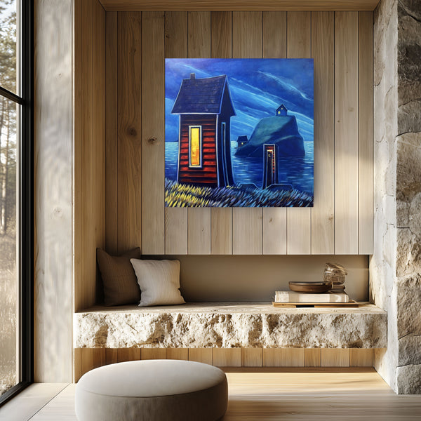 Little Outhouse by Adam Young on a wood-panelled wall above a stone bench