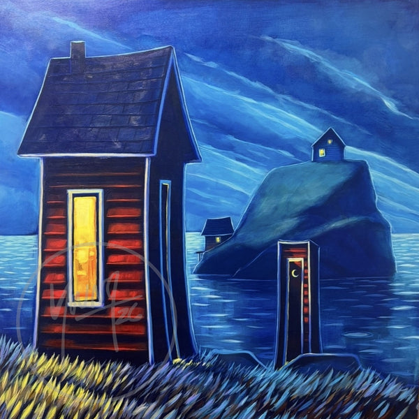 Little Outhouse by Adam Young — original acrylic painting of a night-lit outhouse on the Newfoundland shore