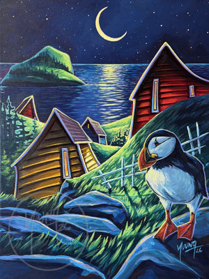 Out Past Bedtime by Adam Young, a puffin standing on moonlit rocks beneath a crescent moon, with glowing sheds, a red saltbox and a wooded island across the water