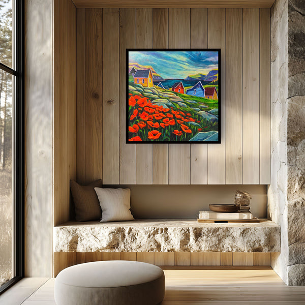 Patch of Poppies by Adam Young on a wood-panelled wall above a stone bench