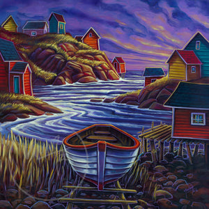 The Last Boat Home by Adam Young — a wooden dory on the launchway at dusk in a colourful Newfoundland outport