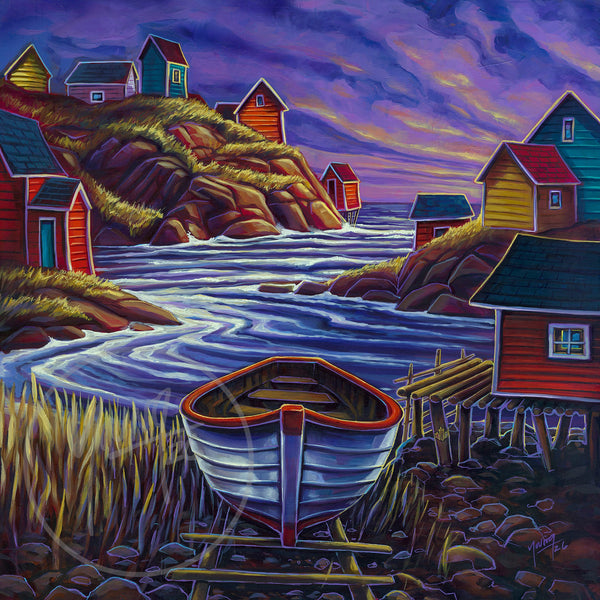 The Last Boat Home by Adam Young — a wooden dory on the launchway at dusk in a colourful Newfoundland outport