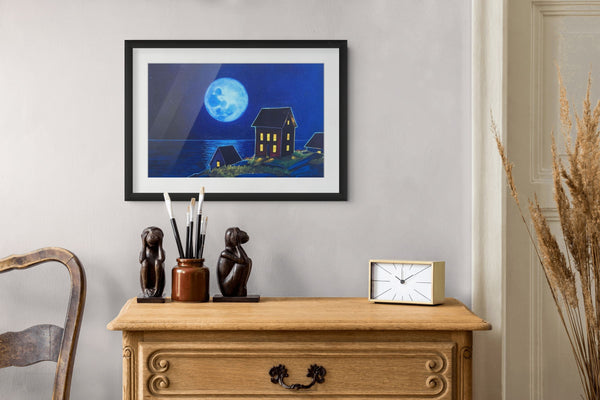 All the Lights On framed paper print shown in a room setting