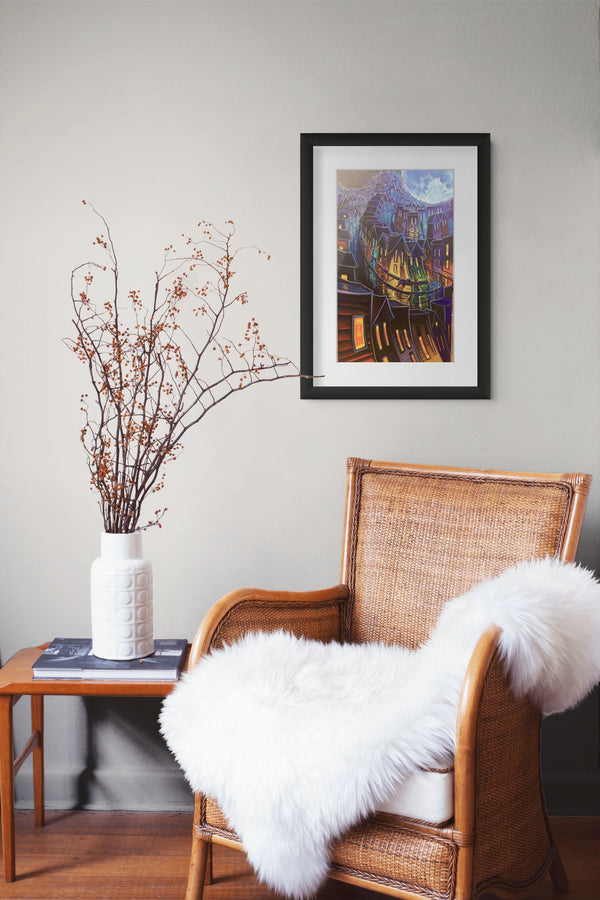 All the Way to the Moon framed paper print shown in a room setting