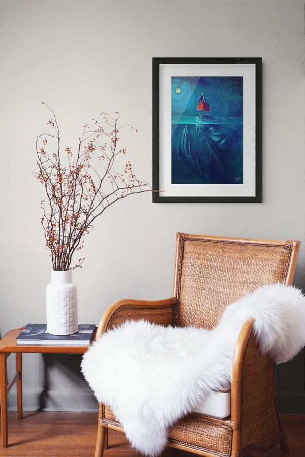 Angler Island framed paper print shown in a room setting