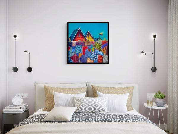 Bee and Quilt canvas shown in a room setting