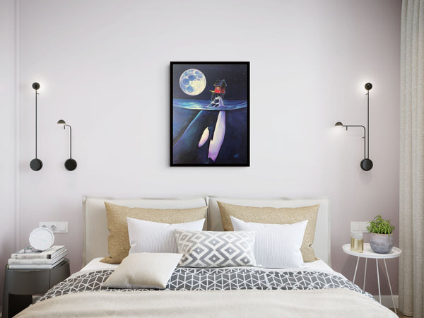 Black Fish Blue Moon canvas shown in a room setting