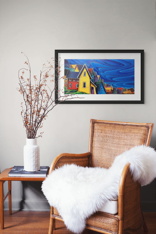 Bright Little Town framed paper print shown in a room setting