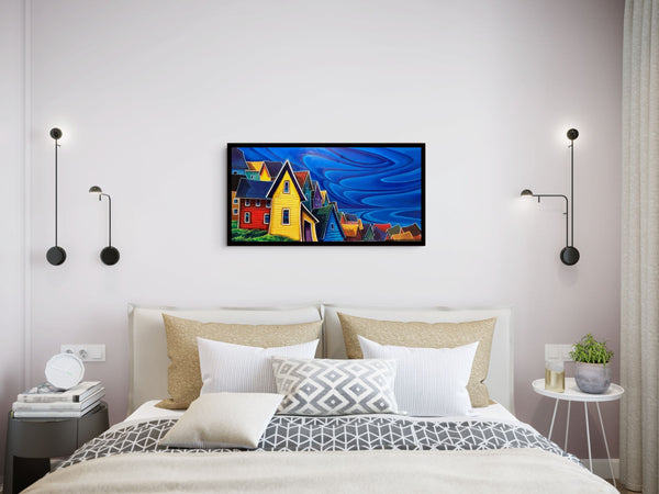 Bright Little Town canvas shown in a room setting