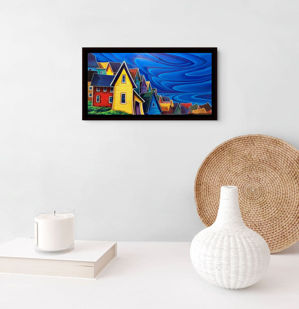 Bright Little Town canvas shown in a room setting (2)